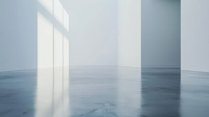 close up of large empty white wall with smooth surfaces and polished concrete floor, creating minimalist and serene atmosphere. Natural light casts soft shadows