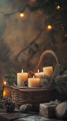 An empty scene featuring a Christmas-themed gift basket filled with festive-scented candles, creating an ideal product mockup space, 