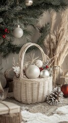 An empty scene featuring a Christmas-themed gift basket with personalized ornaments and decorations, creating an ideal product mockup space,