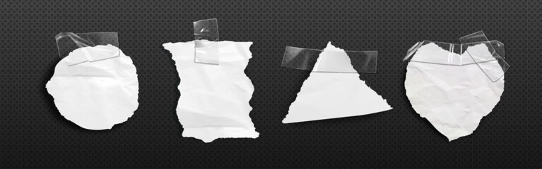 Poster - Torn crumpled white notebook paper shape stick with transparent adhesive tape. Realistic 3d wrinkled circle, rectangle, triangle and heart memo sticker glued with scotch for scrapbook and collage.