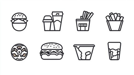 fast food flat icons black and white, white background 