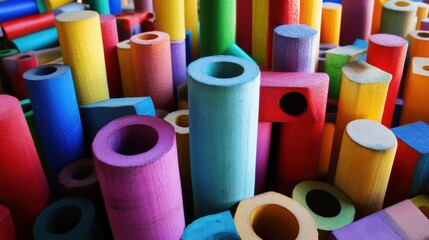 Poster - A creative construction site with colorful building blocks, Blocks arranged in imaginative structures, Playful construction style