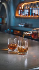 Whiskey Pouring Elegance. Two Glasses with Ice on Concrete Table, One Being Poured from a Bottle Against a Stylish Bar Background