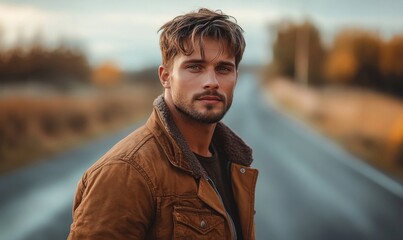 Handsome young man standing on road, Generative AI