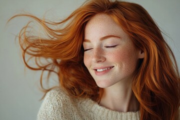 Happy woman flipping her ginger hair in a studio, Generative AI