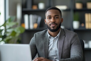 Businessman connecting to an online meeting in his office, Generative AI