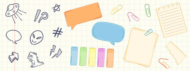 Poster - Note stickers with cute doodle elements for diary or bullet journal design. Vector set of planner or scrapbook memo frames and banners, bookmarks and paper clips, hand drawn decoration icons.
