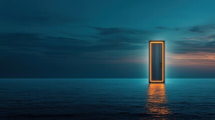 Mysterious door beside water at twilight, illuminating the serene landscape.