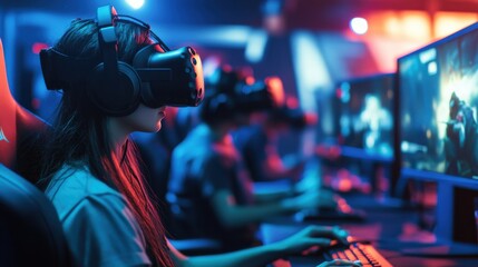 Poster - A dynamic eSports arena with gamers competing in virtual reality games with blocks, Blocks integrated into VR gaming setups, eSports competition style