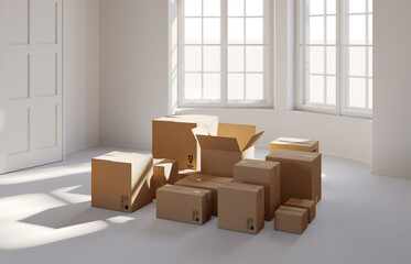 Poster - Cardboard boxes in an empty luxury apartment. Modern interior. Moving concept. 3D rendering.