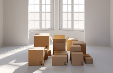 Poster - Cardboard boxes in an empty luxury apartment. Modern interior. Moving concept. 3D rendering.