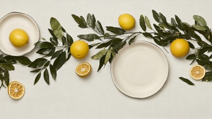 Aufkleber - Fresh Citrus Table Setting with Lemons and Greenery in Minimalist Style