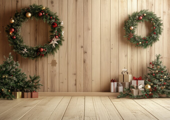 Festive Christmas scene with decorated wreaths and small tree against wooden wall, surrounded by wrapped gifts. warm, cozy atmosphere evokes holiday cheer