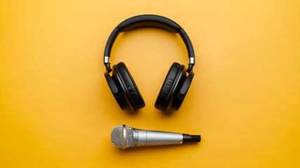 A direct overhead view of black studio headphones and a silver recording microphone placed on a vibrant yellow background podcasting banner