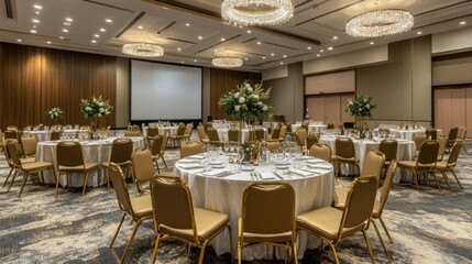 Elegant banquet hall with stylish table settings