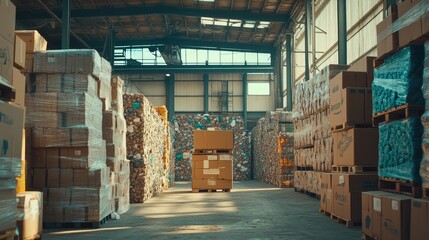 Industrial Warehouse with Stacked Boxes and Pallets