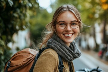 Cheerful young business woman commuting to work with a bicycle, Generative AI