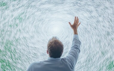 Poster - Man Analyzing Swirling Patterns on Digital Screen in High-Tech Studio Concept of Innovation and Nature