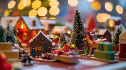 Poster - A festive holiday market with vendors showcasing handmade crafts and decorations made from blocks, Blocks used in festive holiday displays, Artisan market style