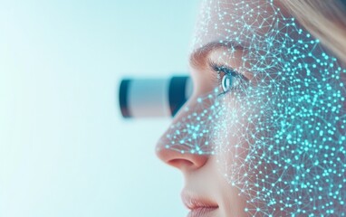 Aufkleber - Futuristic Woman Observing Space with AI-Enhanced Telescope in High-Tech Setting