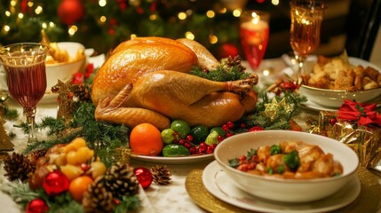 Classic Christmas Feast with Golden Turkey and Festive Decor