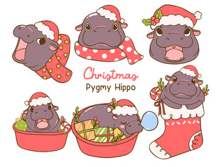 Wall Mural - Christmas Baby Pygmy Hippo Hand Drawn Cartoon Characters with Santa Hat and Scarf collection