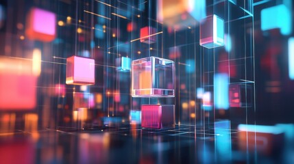 Poster - A futuristic block-building scene with holographic building blocks in a digital cityscape, Digital cityscape style, photo of