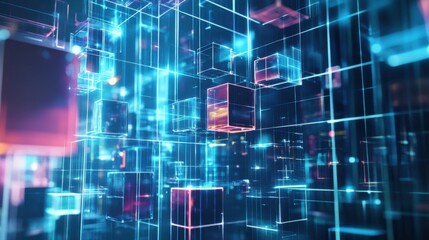 Aufkleber - A futuristic block-building scene with holographic building blocks in a digital cityscape, Digital cityscape style, photo of