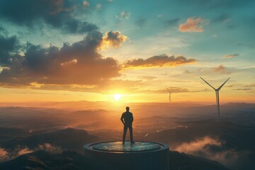 Silhouette of a man on a platform overlooking a sunset and wind turbines.