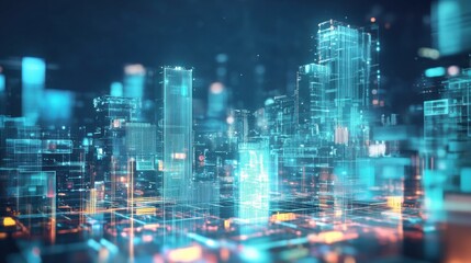 Poster - A futuristic block-building scene with holographic building blocks in a digital playground, Digital playground style, photo of