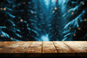 Wooden table with snowy forest background, creating a cozy winter atmosphere.