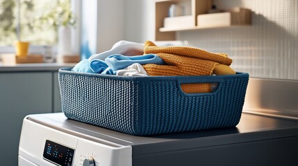 Poster - A blue laundry basket filled with clothes sits on top of a washing machine in a bright laundry room.