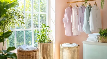 Poster - A bright and airy laundry room with a wicker laundry basket, a clothes rack, and a stack of folded towels.