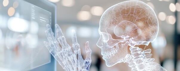 Aufkleber - Futuristic Technology and AI Digital Skeleton Engaging with Smart Device