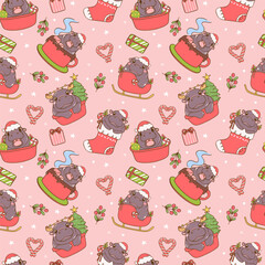 Wall Mural - Festive Christmas Baby Pygmy Hippo seamless pattern isolated on pink background