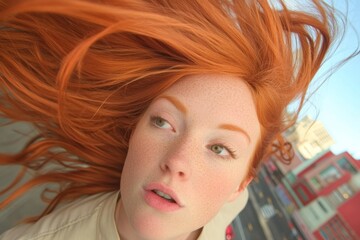 Dynamic Urban Redhead in Motion A Contemporary Cityscape