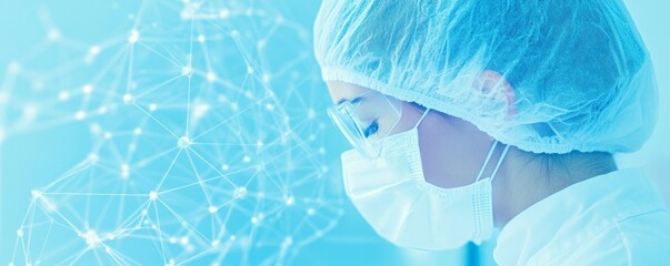 Poster - Female scientist in protective gear researching artificial intelligence in a sterile lab environment. Advanced medical research and healthcare technology development in a clean, futuristic space