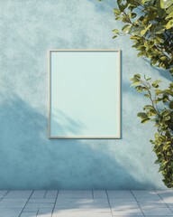 Aufkleber - Minimalist Outdoor Pastel Blue Wall with Mockup Frame and Plant Shadows