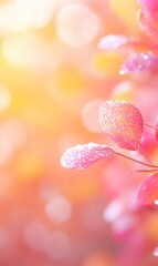 Poster - Dew-Covered Pink Leaves Against a Warm Abstract Sunrise Background