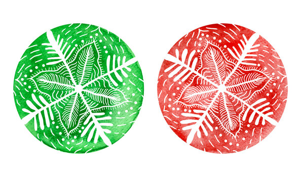 Set of two circles filled with an ornament in the form of snowflake. White lines of different thicknesses, dots. One circle is green, the other red. Watercolor. Isolated on white background. Christmas