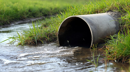 Pollution awareness: industrial pipe discharge affecting natural water stream and environment