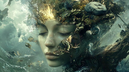 Poster - Ethereal fusion a dreamlike blend of human features and nature elements creating a surreal visual experience