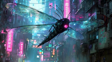 Aufkleber - A cyberdragonfly soars through neon-lit streets capturing the essence of futuristic urban landscapes and technology