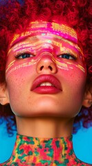 Poster - Vibrant Tech Expression Cherry Red Hair and Holographic Fashion in Futuristic Nightscape
