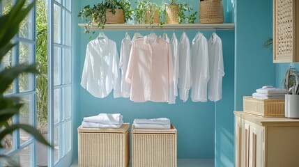 Poster - A clean and stylish laundry room with white shirts hanging on hangers, folded towels in baskets, and plants in pots.