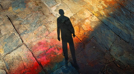 Poster - A solitary shadow cast against a vibrant textured canvas of colorful patterns and light play evoking reflection and contemplation