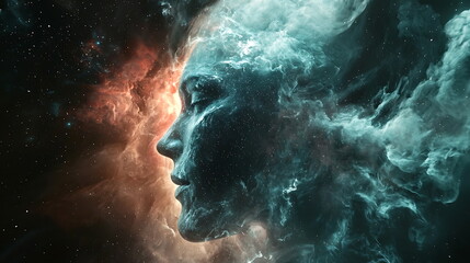 Poster - Cosmic harmony blending human forms with celestial elements in a captivating abstract portrait
