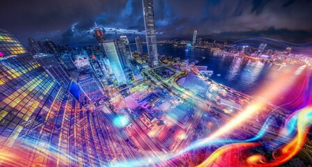 Poster - Aerial night view of a city with skyscrapers, illuminated streets, and a harbor.