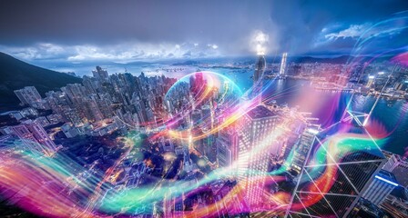 Poster - Aerial view of Hong Kong at night, with a colorful, abstract glow over a cityscape.