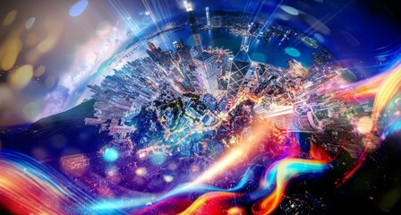 Poster - Aerial night view of a city in China, showing the vibrant lights of the city center and a body of water.